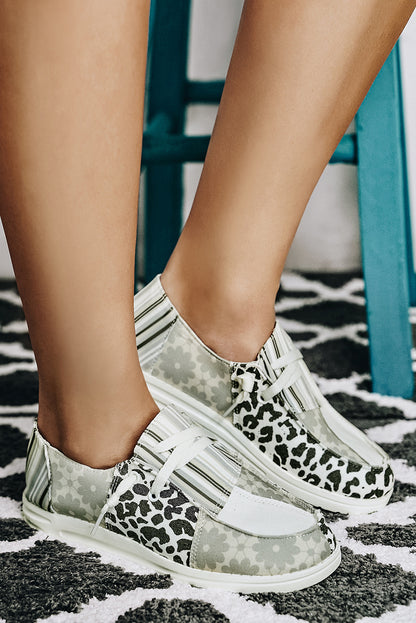 Grey Leopard Striped Patchwork Lace Up Sneakers