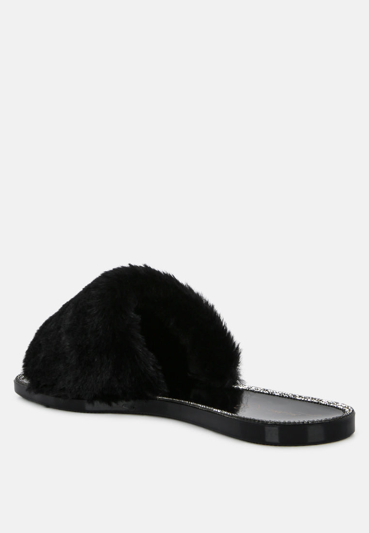 geese faux fur diamante detail jelly flats-2